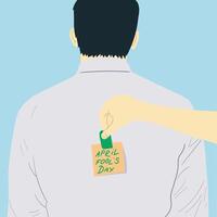 putting note with april fools day lettering on males back, april fools day concept vector