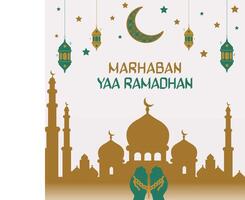 marhaban yaa ramadhan with the silhouette of a mosque, crescent moon, rosary and lantern vector