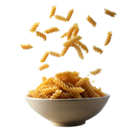 Spiral pasta tossed above a ceramic bowl on a light background png