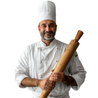 Confident chef in white uniform holding a wooden rolling pin png