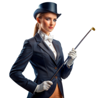 Elegant woman in top hat and tuxedo holding a cane png