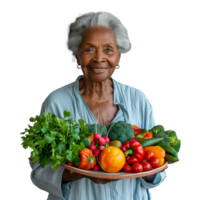 Sénior femme souriant en portant une plateau de Frais des légumes png