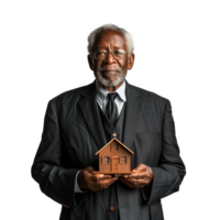Sénior homme d'affaire en portant une modèle maison sur une transparent Contexte png