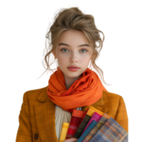 Fashionable young woman with colorful textiles and orange scarf png