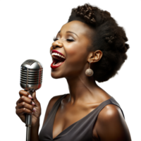 African American singer joyfully performing with a vintage microphone png