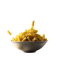 Fusilli pasta spirals jumping out of ceramic bowl png