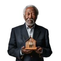 Senior man in suit holding a model house confidently png
