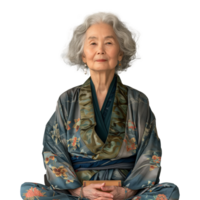 Elegant senior woman in traditional kimono with serene expression png
