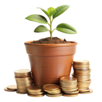 A plant growing amidst coins, symbolizing investment growth png