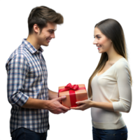 Young man gives a red gift box to woman, both smiling png