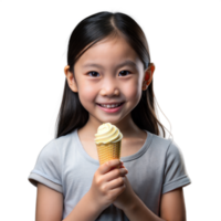 Young girl enjoying a vanilla ice cream cone with a smile png