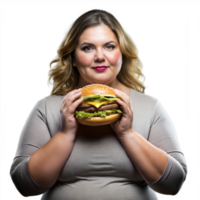 Confident woman enjoying a delicious double cheeseburger png