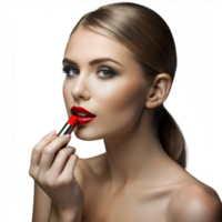 Young woman applying red lipstick with precision png