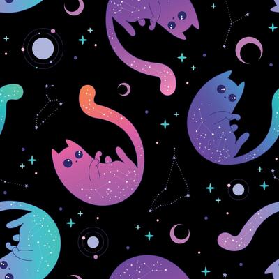 Mystical pattern with neon cats, moon and stars