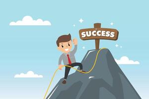 Businessman on a Mountain with flag on peak, success and mission, target and victory, motivation, winner on top. Flat style vector