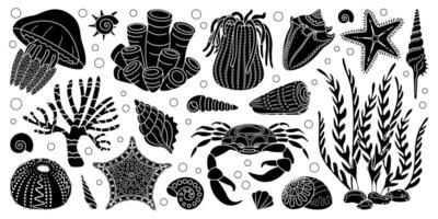 Hand drawn sea life silhouette set. Aquatic animals, anemones, crab, algae, shells, starfish, coral reef plants. Simple style black and white underwater ecosystem silhouettes vector