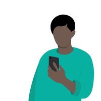 Portrait of a black guy with a phone in his hand, faceless illustration, isolate on white, flat vector