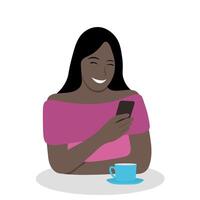 retrato de un alegre negro niña con un teléfono en su mano, un taza de té en el mesa, aislar en blanco, plano ilustración, hecho a mano vector