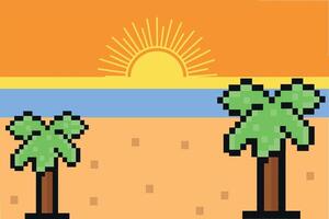 Pixel Summer vacation landscape. Palm trees at sunset in pixel art style. 8 bit landscape of palm trees on the shore in the style of 90s games. Design for print, banner and app. vector