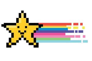 Cute pixel art star and rainbow icon. Geek element in the style of 90s game. Old school graphic clipart. Vintage, 8 bit, 80s, 90s games, computer arcade game items vector