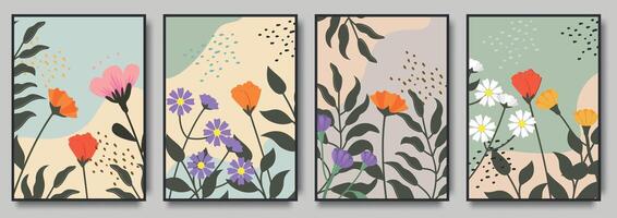 Botanical wall art set foliage with flowers. Decorative contemporary art botanical prints for print, cover, wallpaper, Minimal and natural wall art. vector