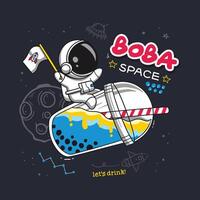 Playful illustration of an astronaut sipping boba tea while floating in outer space vector