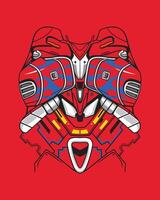 Colorful, symmetrical abstract illustration of a robot body with intricate patterns on a red background vector