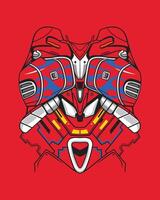 Colorful, symmetrical abstract illustration of a robot body with intricate patterns on a red background vector