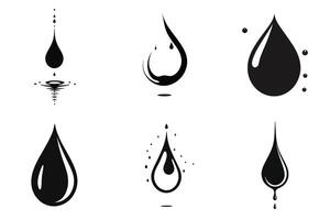 Set of six simple black silhouettes of water drops isolated on white background. vector