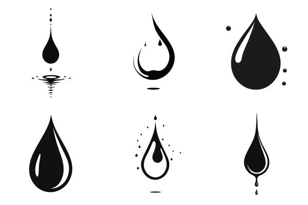 Set of six simple black silhouettes of water drops isolated on white background.