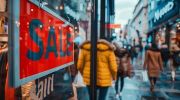 Sale concept image with a Sale sign in a shop window and people in street in background. photo