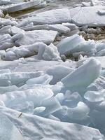 Close-up view of melting ice and snow revealing water and rocks beneath, a sign of seasonal change. photo