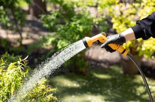 Working watering garden from hose. Hand with garden hose watering plants, close up, blurred background. Gardening concept photo