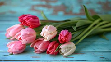 Bouquet of tulips on blue wooden table photo