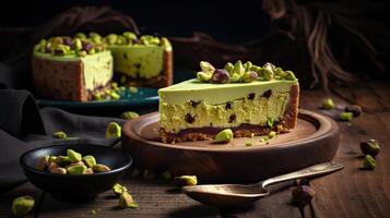 Piece Pistachio Cheesecake. Dark wooden background photo