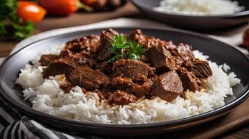 madras carne de vaca con adornar basmati arroz de cerca en un plato foto