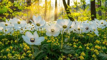 hermosa blanco flores de anémonas en primavera en un bosque de cerca en luz de sol en naturaleza. primavera bosque. foto