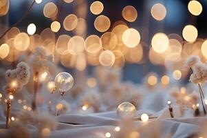 Abstract cream Background With blurry festival lights and outdoor celebration bokeh. photo