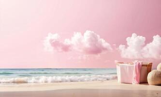 Photo beach on cloud and pastel pink background.