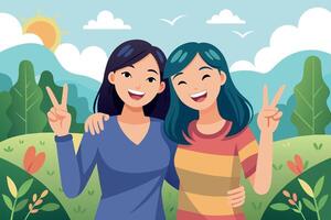 Two joyful young Asian women posing with peace signs, smiling in sunny outdoor setting vector