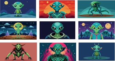 Alien Character Figures in Colorful Comics- vector