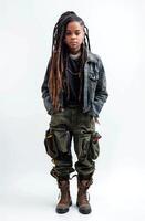 A young African American woman with dreadlocks stands in front of a white wall. A fashionable photo of black woman in stylish clothes isolated on white background.