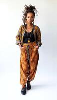 A young African American woman with dreadlocks stands in front of a white wall. A fashionable photo of black woman in stylish clothes isolated on white background.