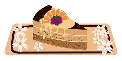 Piece of cake. Dessert with berries on a rectangular saucer vector