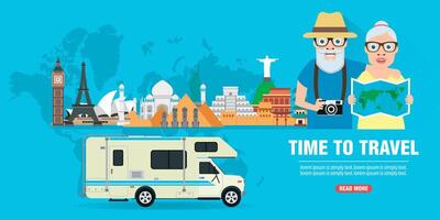 Time to travel. Camper journey of elderly couple concept design flat banner vector