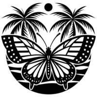 Butterfly and palm trees, sunset t-shirt design illustration vector