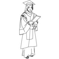 contorno dibujo de hijab niña vistiendo un graduación túnica con académico sombrero. vector