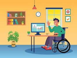 discapacitado persona sentado en un silla de ruedas haciendo negocio trabajo en hogar oficina vector