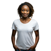 Confident young woman posing in a casual white t-shirt png