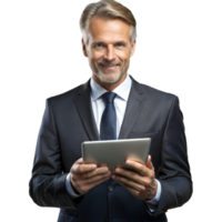 Confident businessman with tablet posing in studio png